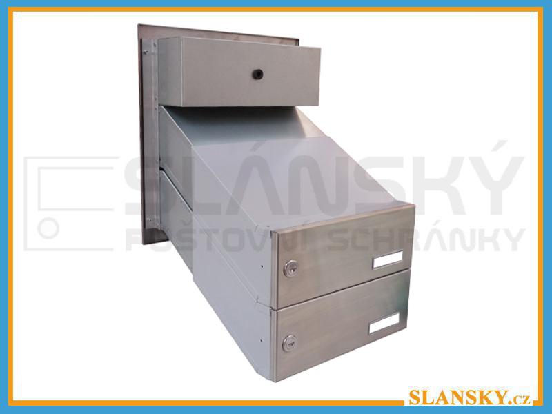 Poštovní schránka 2x D-041 šikmá k zazdění do sloupku + čelní deska s 2x zvonkem a HM URMET- NEREZ