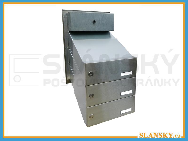 3x poštovní schránka D-041 šikmá k zazdění do sloupku + čelní deska s 3x zvonkem a HM URMET - NEREZ