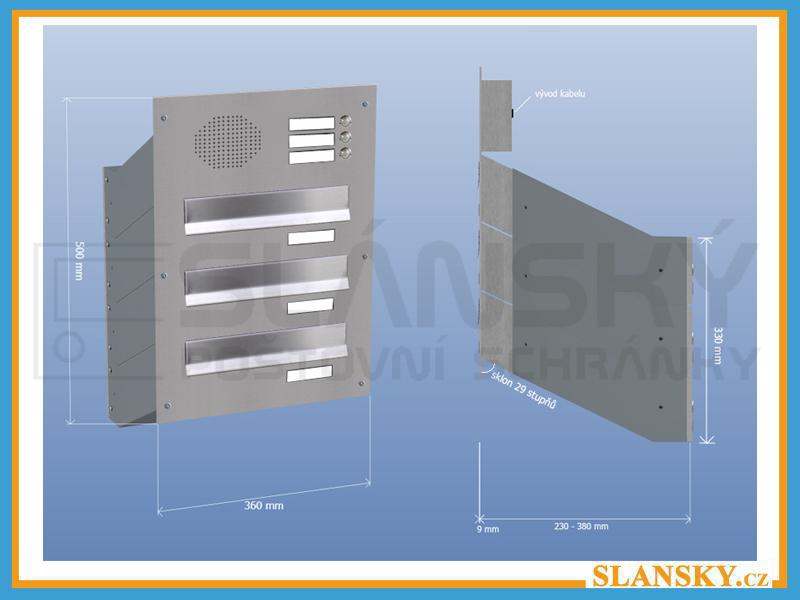 3x poštovní schránka D-041 šikmá k zazdění do sloupku + čelní deska s 3x zvonkem a HM URMET - NEREZ