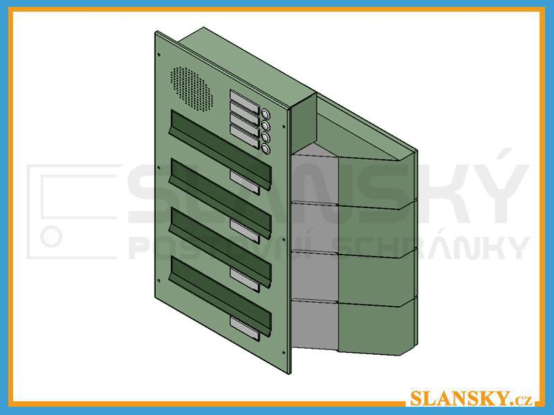 4x poštovní schránka D-041 šikmá k zazdění do sloupku + čelní deska s 4x zvonkem a HM URMET - NEREZ