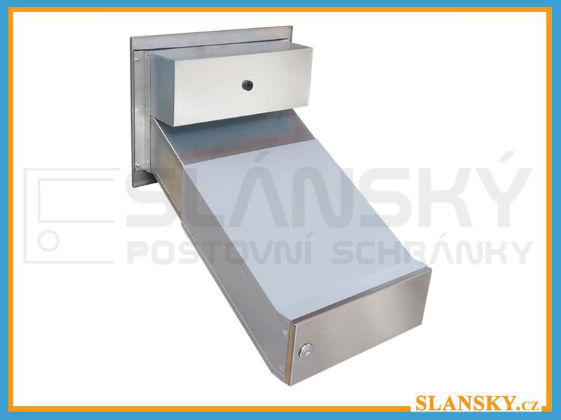 Poštovní schránka D-042 šikmá k zazdění do sloupku + čelní deska s 2x zvonkem a HM URMET - NEREZ